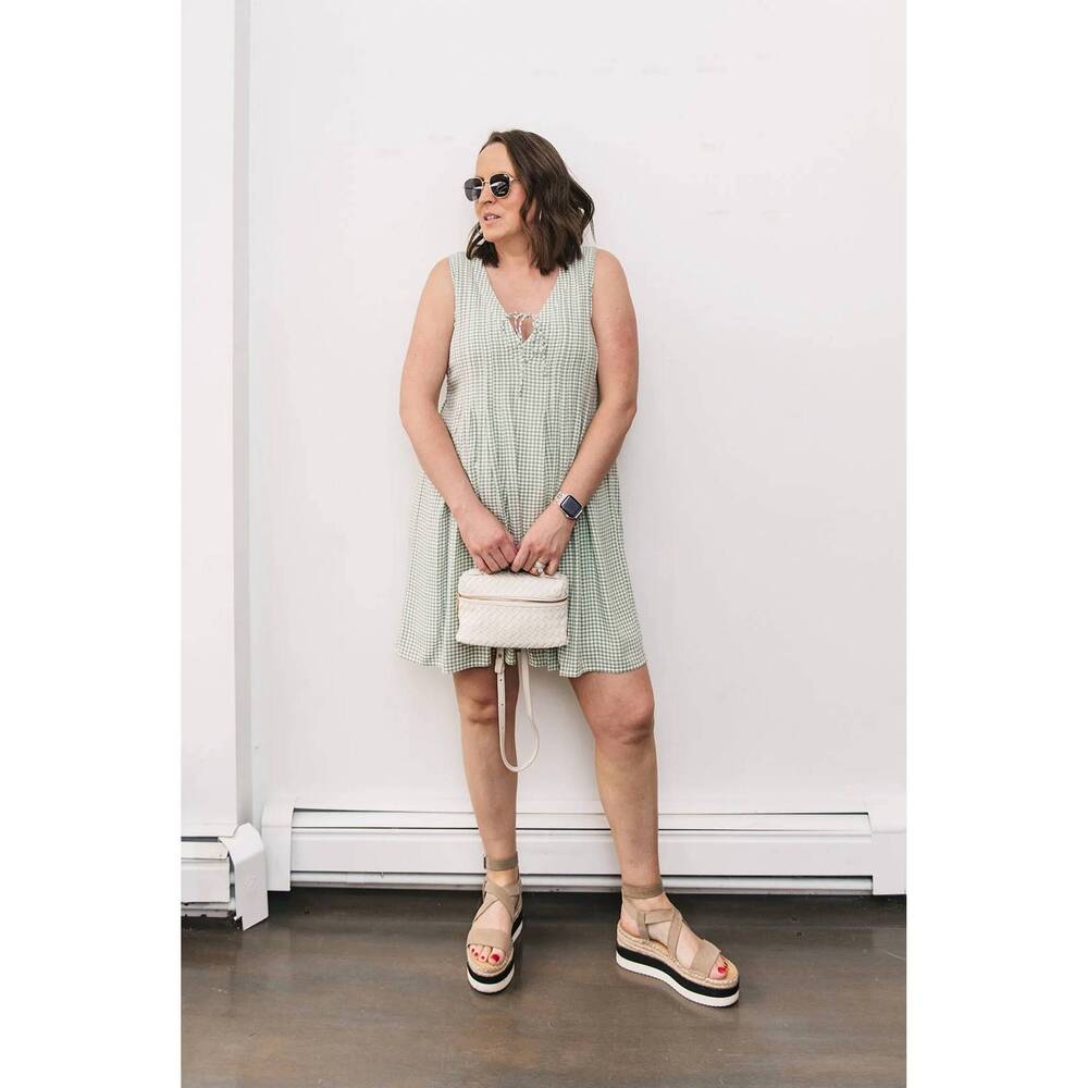 NEW GENTLE FAWN gingham sleeveless mini dress in pistachio